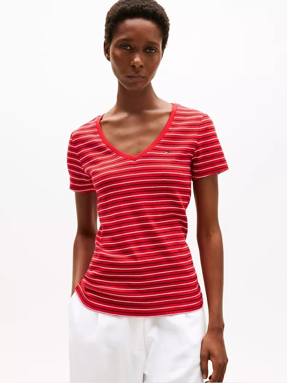 TOMMY HILFIGER cotton stripe vneck favourite tshirt size large